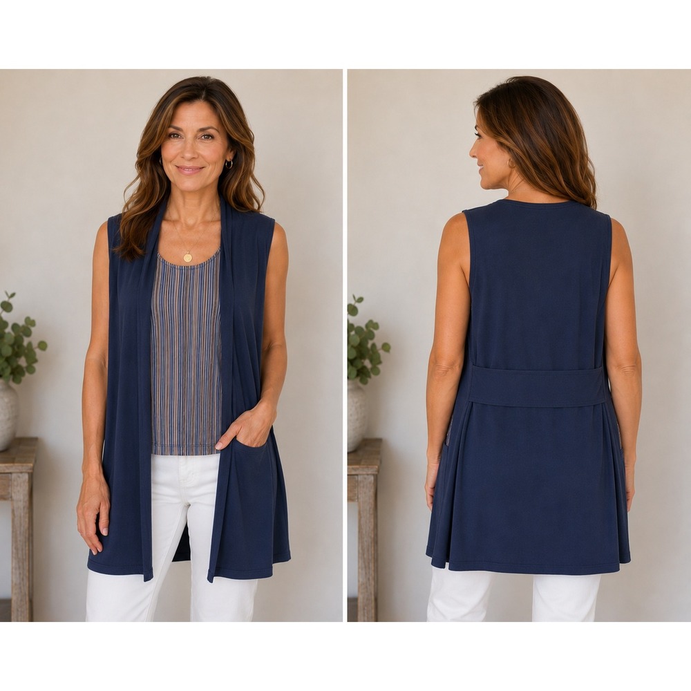 Chicos Travelers 2 Piece Set Womens‎ 3 XL Navy Blue Long Vest Striped Tank Top